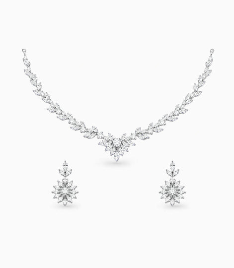 Rhodium Plated Frost Leaf CZ Necklace Set