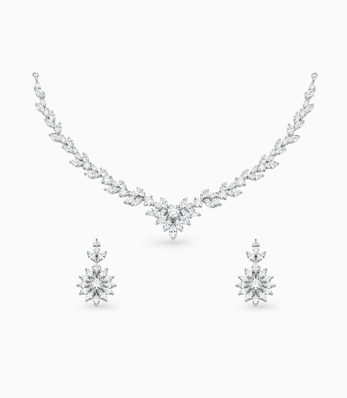 Rhodium Plated Frost Leaf CZ Necklace Set