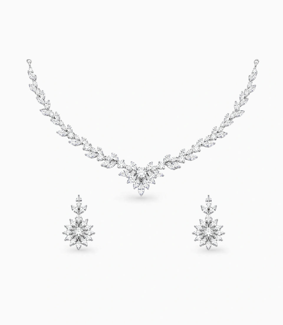Rhodium Plated Frost Leaf CZ Necklace Set