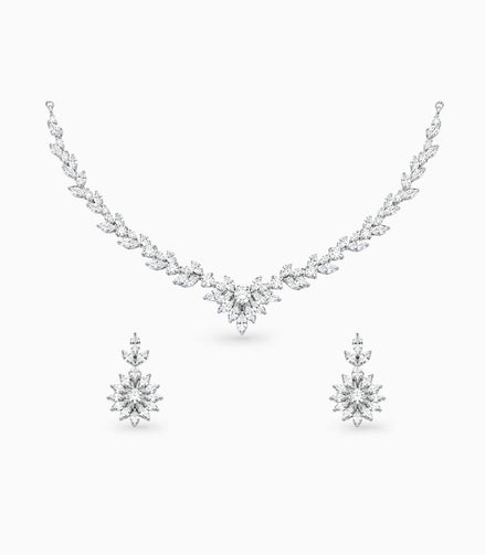 Rhodium Plated Frost Leaf CZ Necklace Set