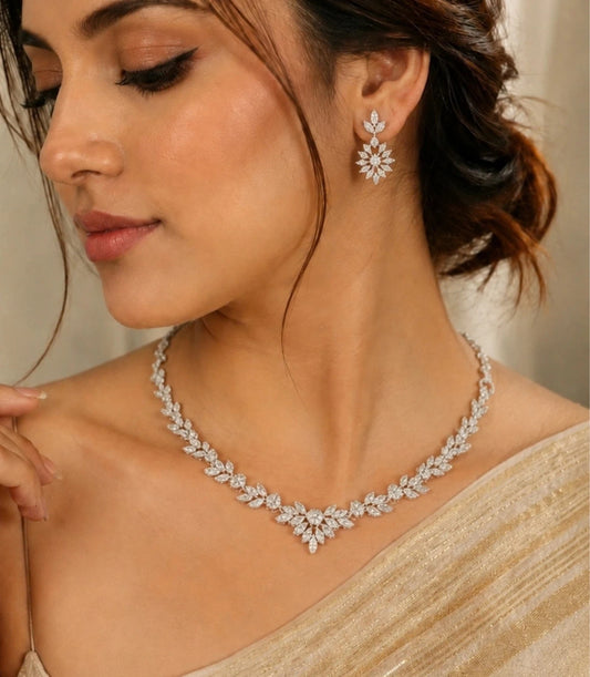 Rhodium Plated Frost Leaf CZ Necklace Set