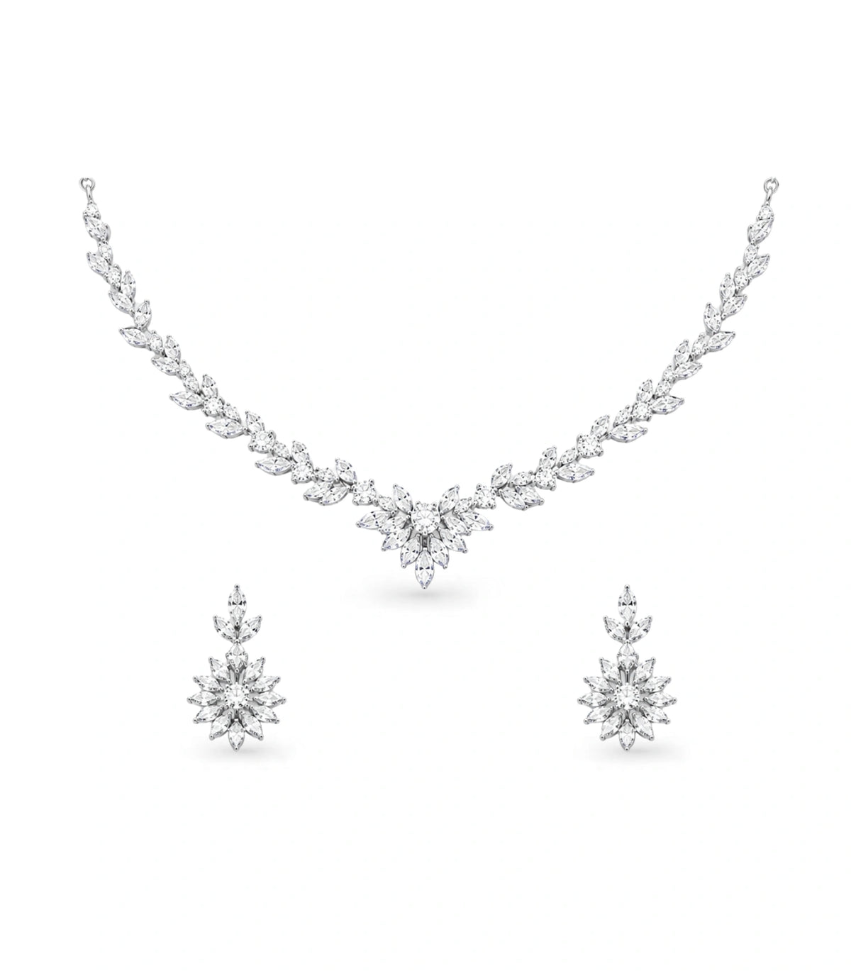 Rhodium Plated Frost Leaf CZ Necklace Set