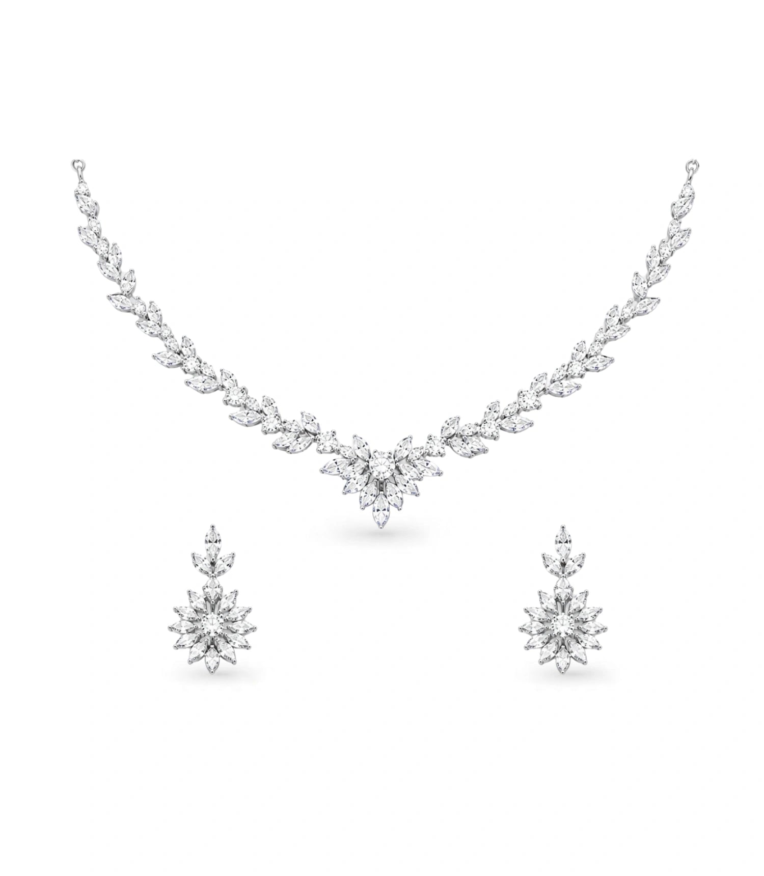Rhodium Plated Frost Leaf CZ Necklace Set