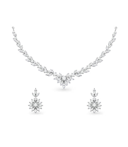 Rhodium Plated Frost Leaf CZ Necklace Set