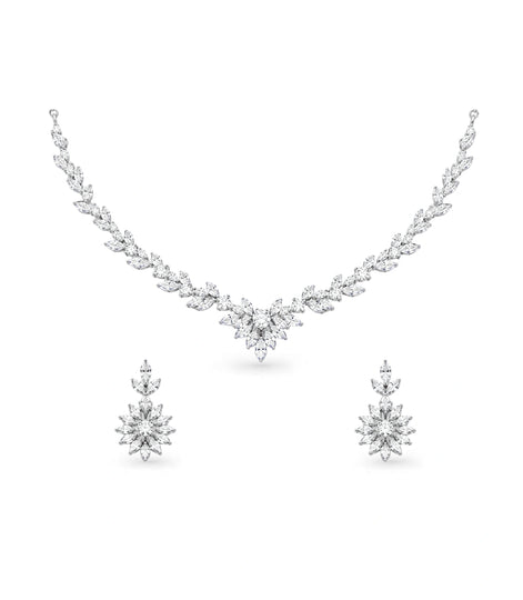 Rhodium Plated Frost Leaf CZ Necklace Set