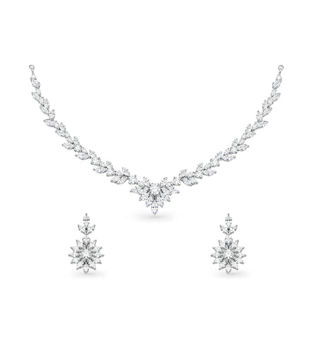 Rhodium Plated Frost Leaf CZ Necklace Set