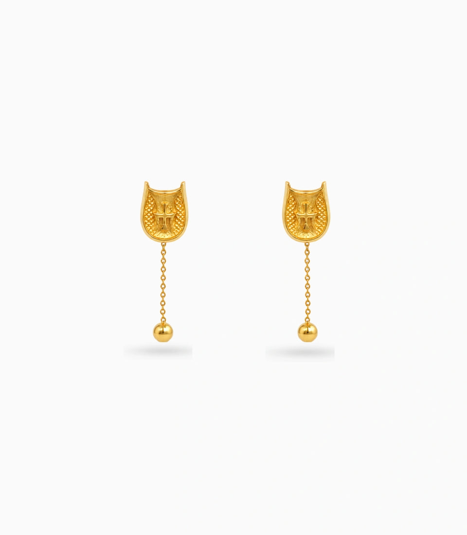 Gold Plated Swastik Shield Hanging Ball Dangler Earrings