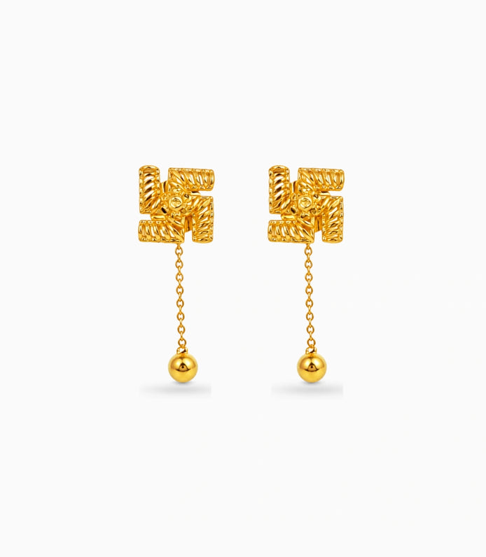 Gold Plated Swastik Shield 1 Ball Dangler Earrings