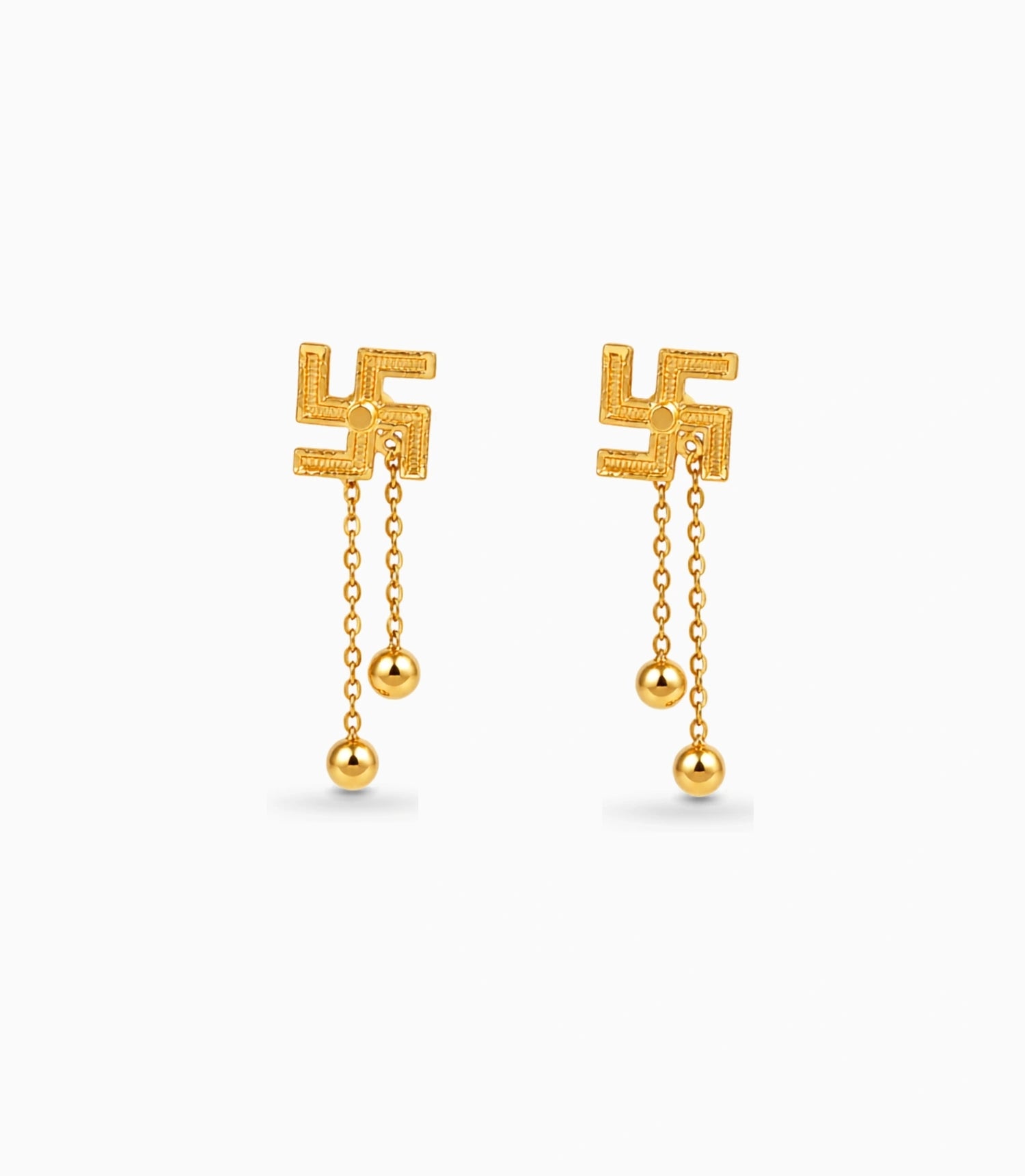 Gold Plated Swastik 2 Ball Dangler Earrings