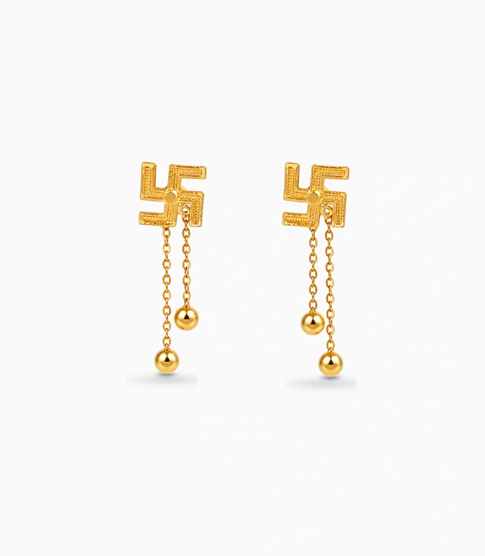 Gold Plated Swastik 2 Ball Dangler Earrings