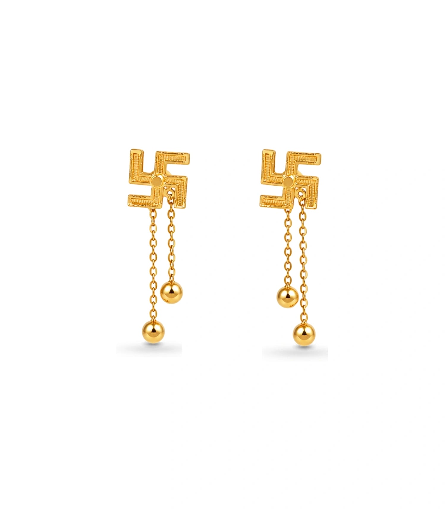Gold Plated Swastik 2 Ball Dangler Earrings