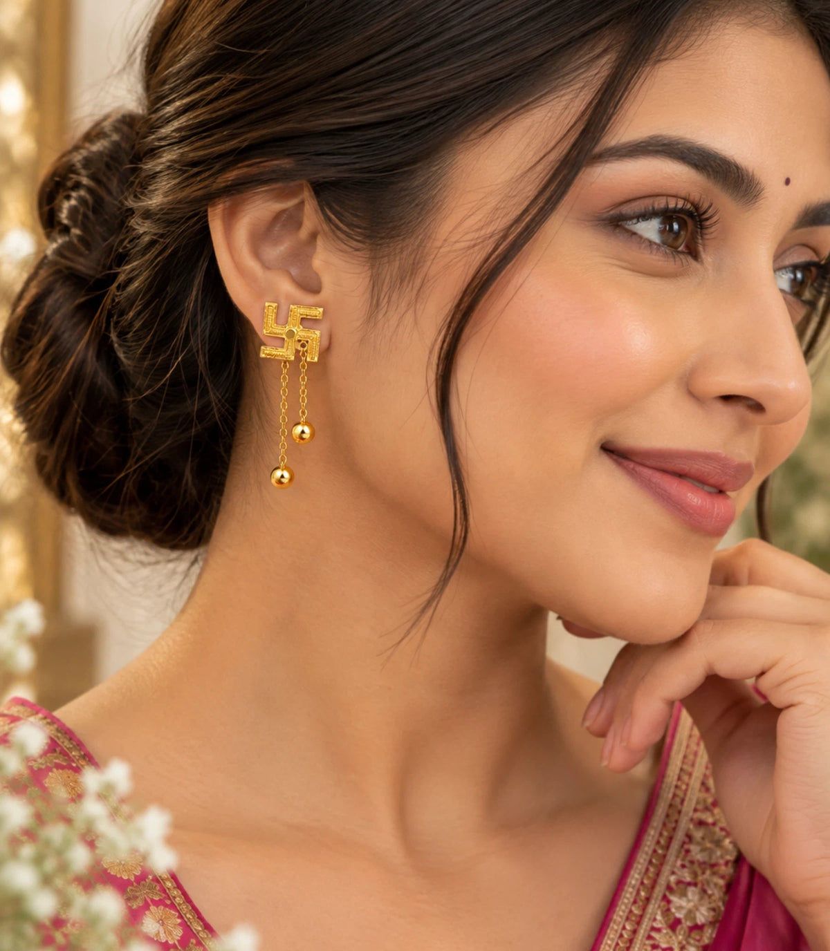 Gold Plated Swastik 2 Ball Dangler Earrings