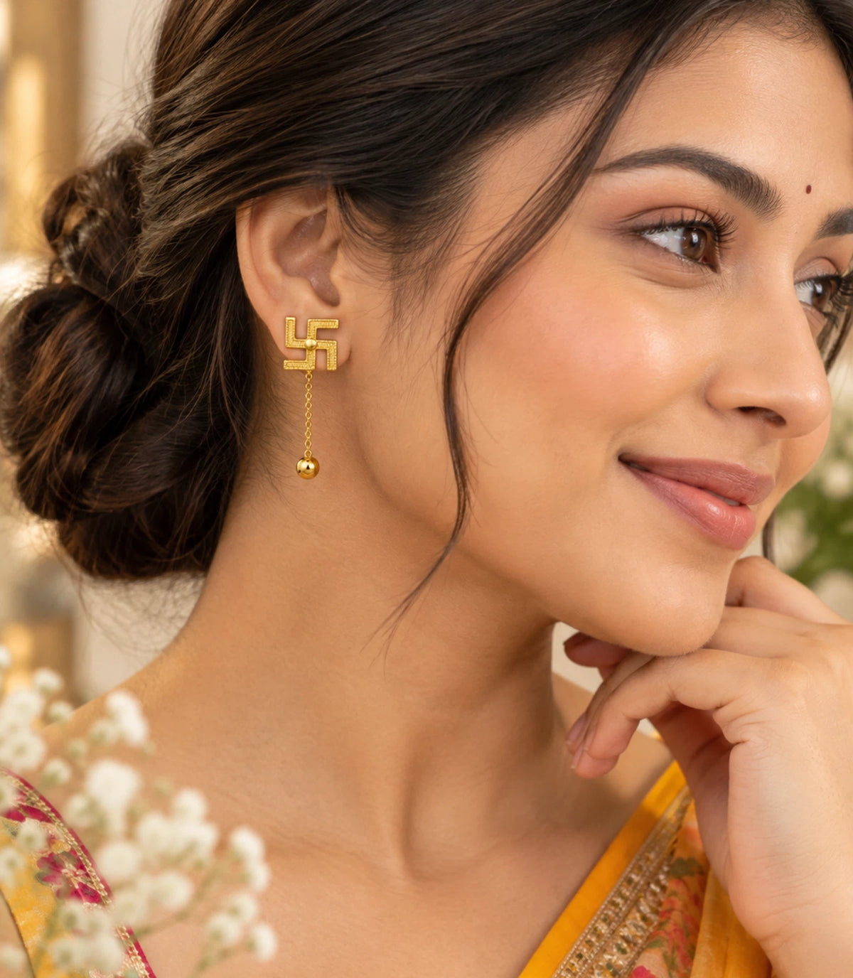 Gold Plated Swastik 1 Ball Dangler Earrings
