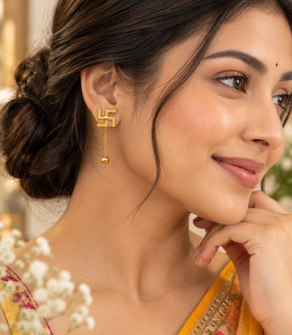 Gold Plated Swastik 1 Ball Dangler Earrings