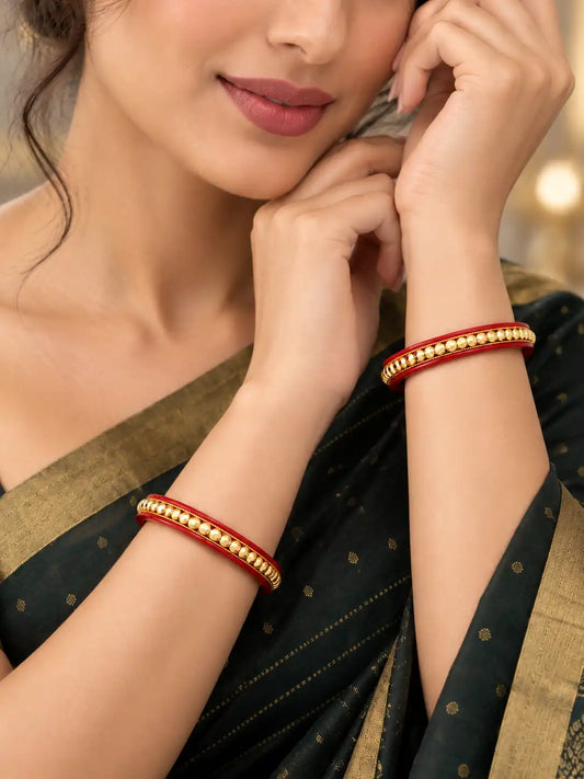 Gold Plated Casual Red Pola Bangle Set