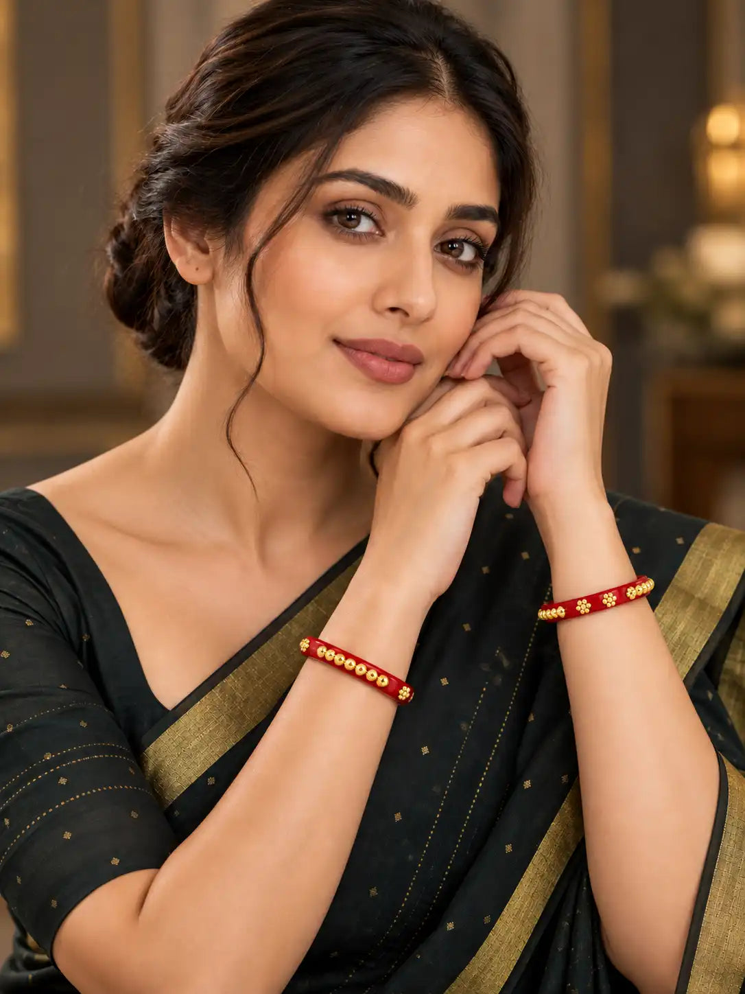 Gold Plated Festive Red Floral Pola Bangle Set