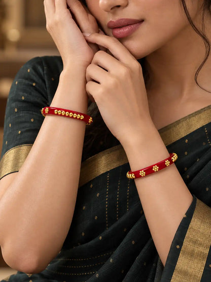 Gold Plated Festive Red Floral Pola Bangle Set