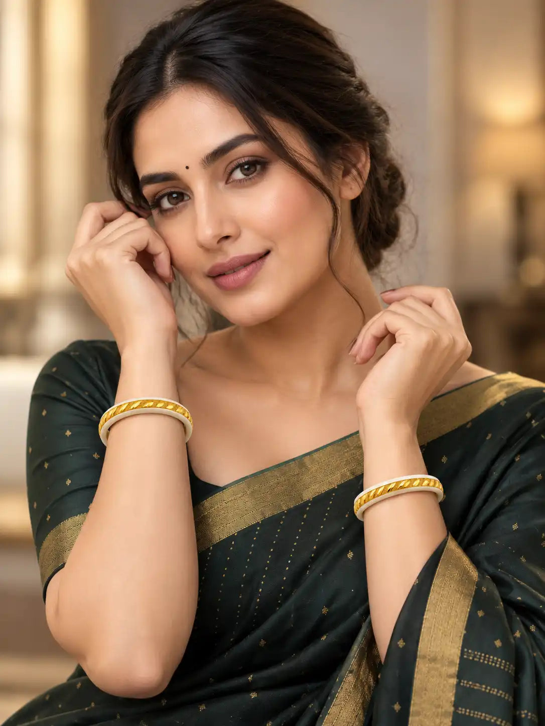 Gold Plated Linear White Sakha Bangle Set