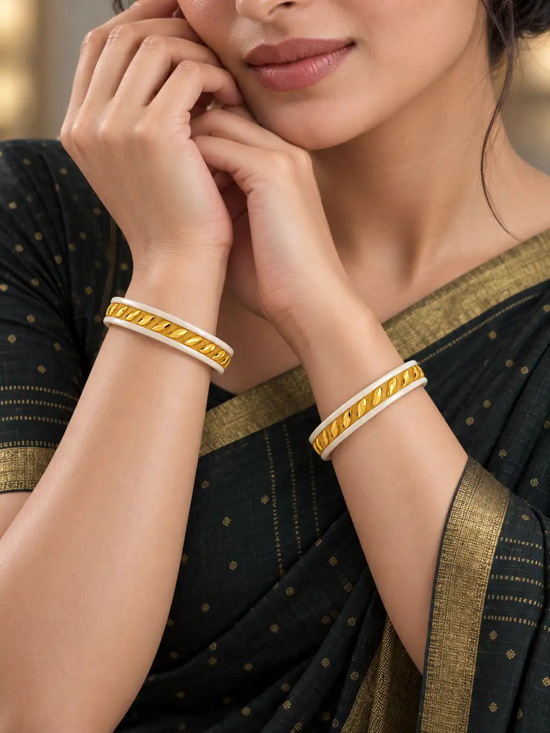 Gold Plated Linear White Sakha Bangle Set