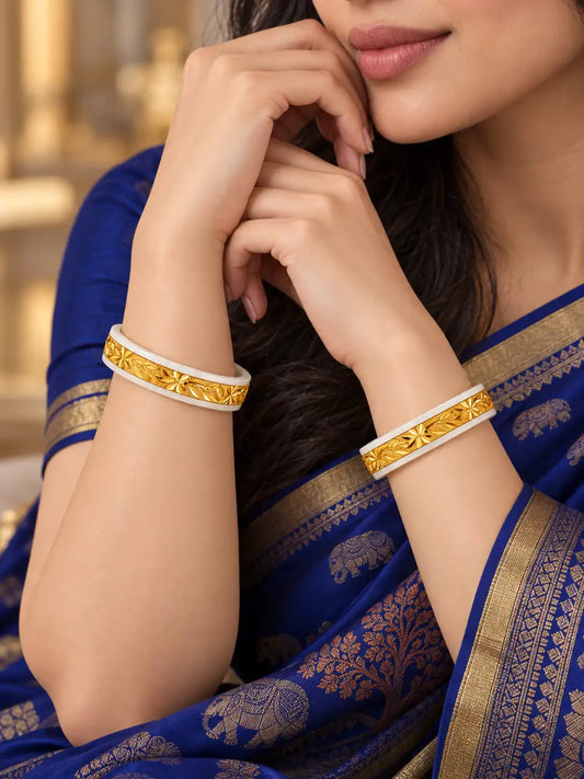 Gold Plated Floral White Sakha Bangle Set