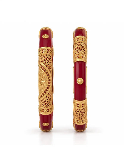 Gold Plated Wedding Red Crescent Filigree Pola Bangle Set