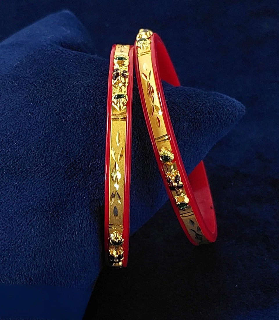 Gold Plated Red Pola Stone Bangle Set