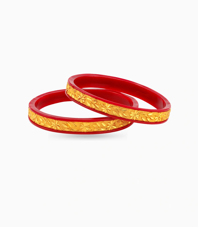 Gold Plated Floral Maroon Pola Bangle Set