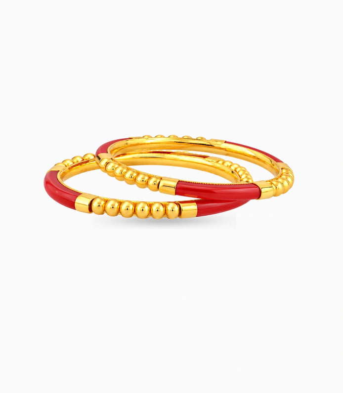 Gold Plated Festive Red Bead Pola Bangle Set