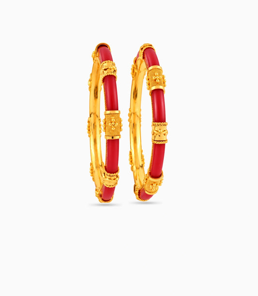 Gold Plated Festive Red Slim Pola Bangle Set