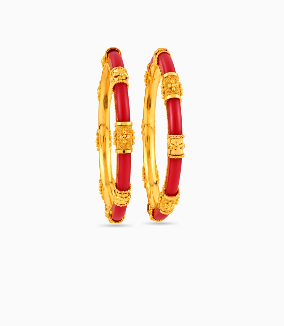 Gold Plated Festive Red Slim Pola Bangle Set
