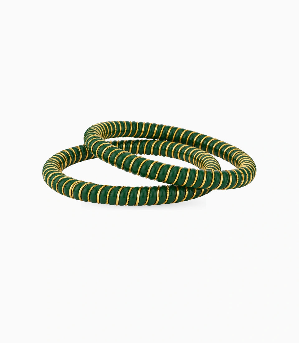 Gold Plated Festive Green Spiral Pola Bangle Set