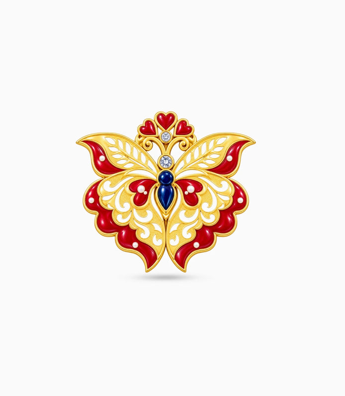 Gold Plated Butterfly Maroon & Blue Meena Brooch