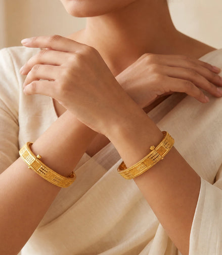 Gold Plated Textured Geometric Bangle Set