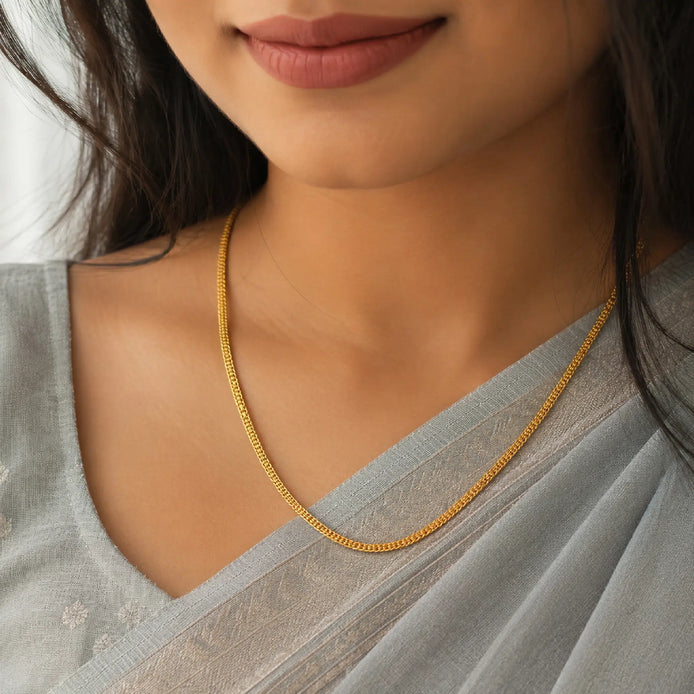 sleek gold plated woven mesh chain on woman DCN3790