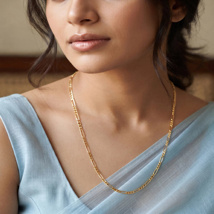 modern gold plated figaro chain on woman DCN414