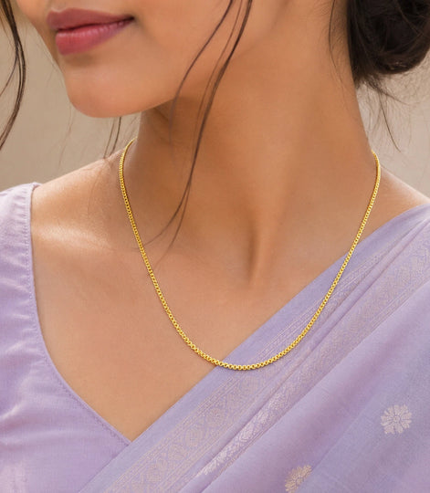 Woman wearing Gold Plated Minimalist Chain Necklace DCN4977