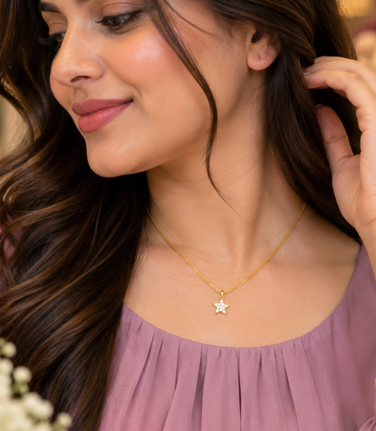 Gold Plated AD Five-Point Star Pendant Chain