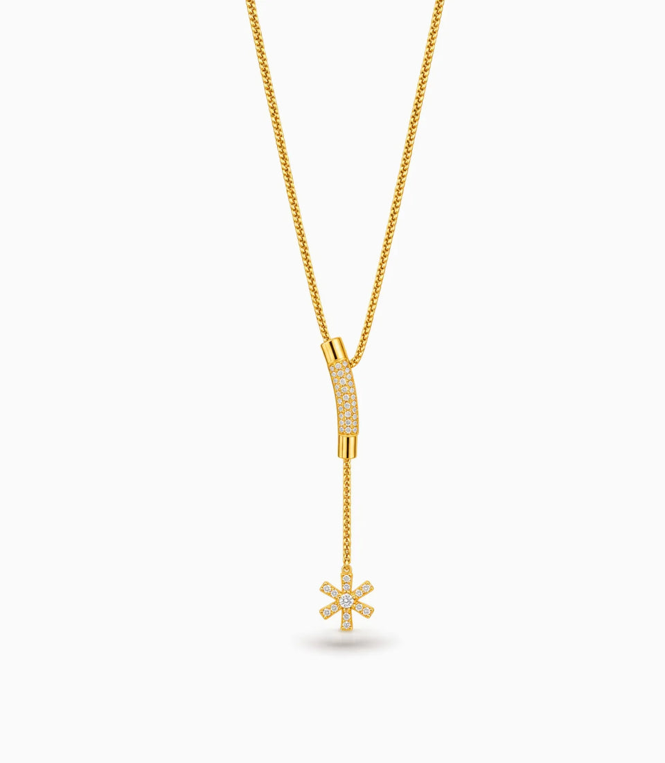 Gold Plated Barrel and Snowflake AD Lariat Necklace