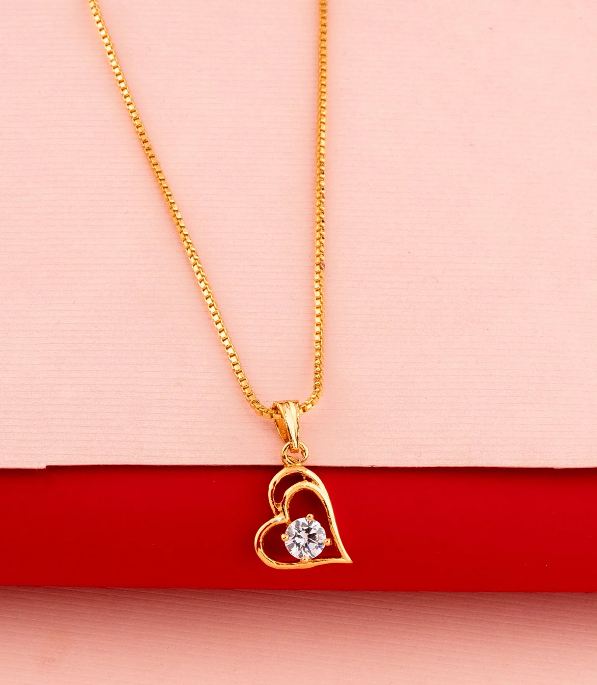 Gold Plated Open Heart Solitaire AD Chain Pendant