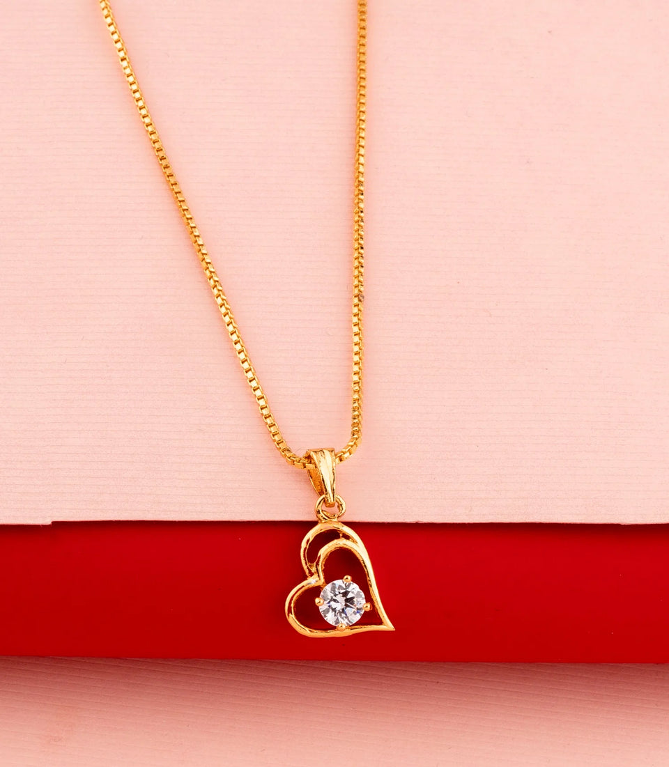 Gold Plated Open Heart Solitaire AD Chain Pendant