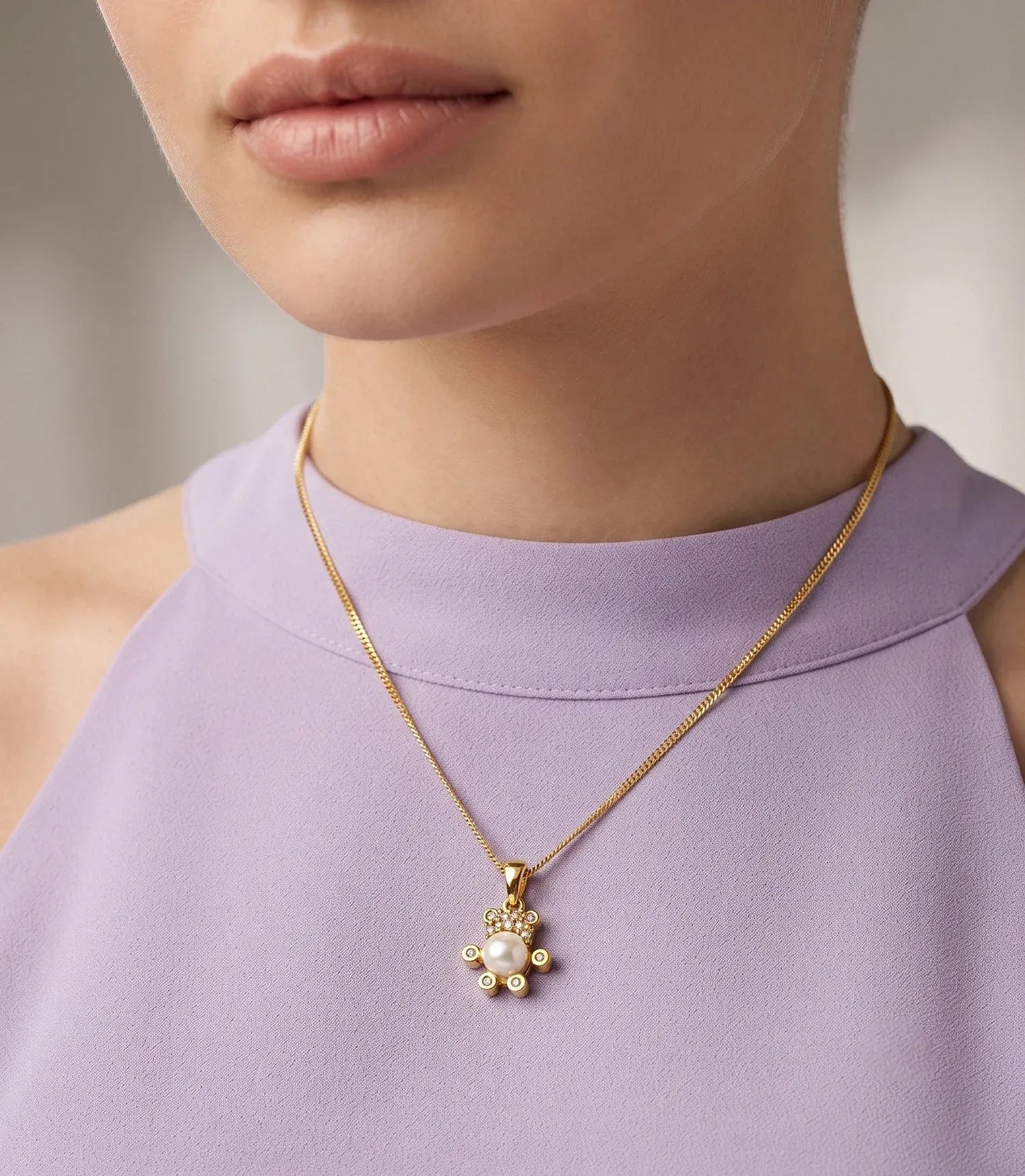 Gold Plated Teddy Bear Pearl Chain Pendant