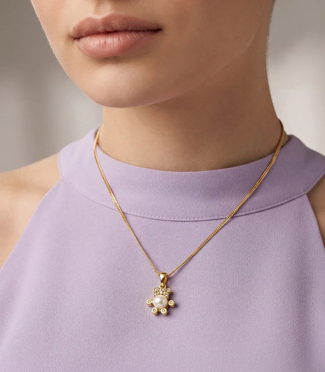 Gold Plated Teddy Bear Pearl Chain Pendant