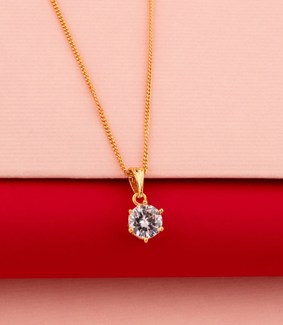 Gold Plated Six-Prong Solitaire AD Pendant Chain