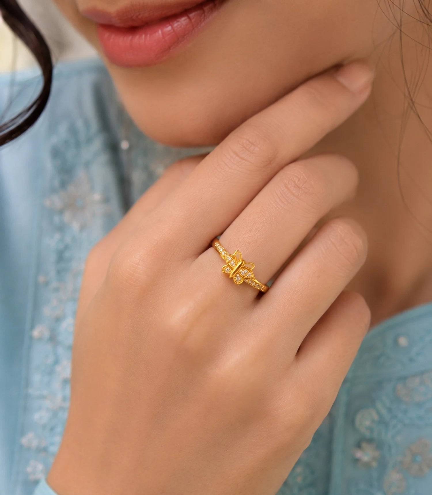 Gold Plated Butterfly Crystal AD Ring for Women