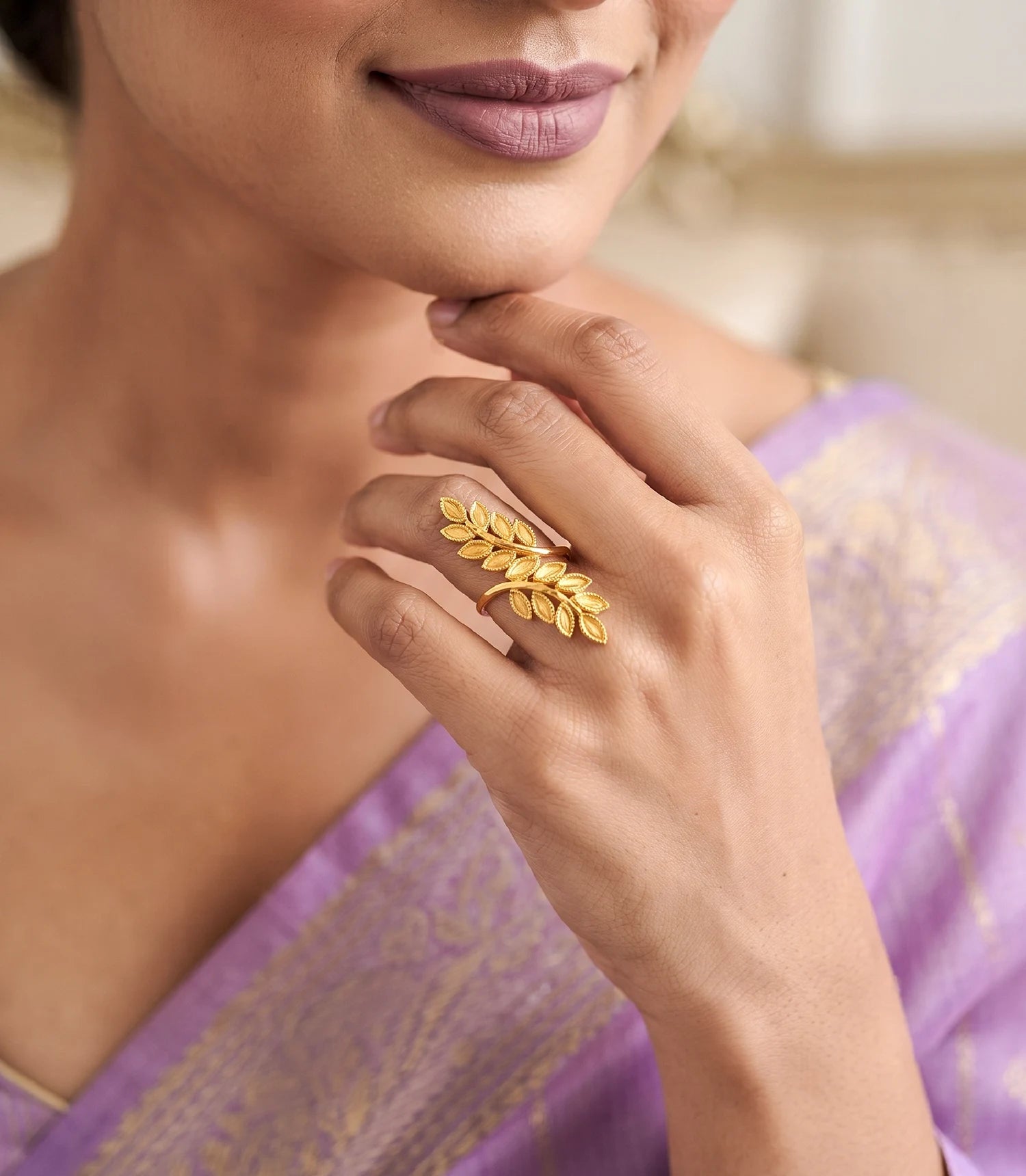 Gold Plated Adjustable Leaf Motif Finger Ring for Women