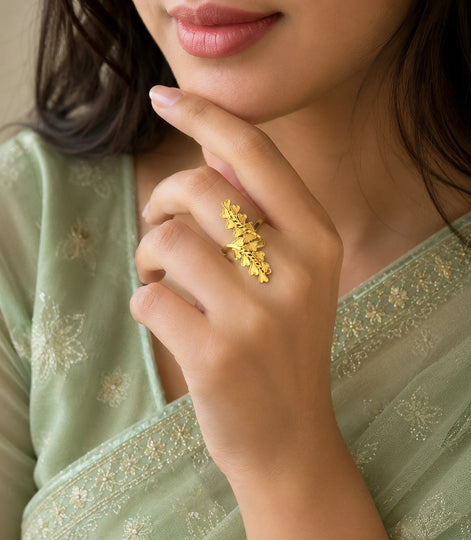 Gold Plated Adjustable Leaf Ring for Women