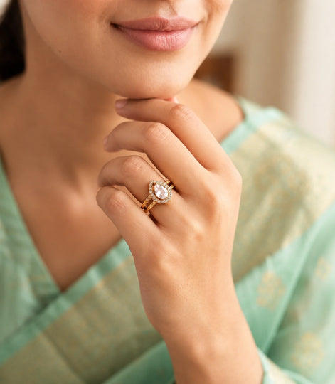 Gold Plated Pear-Cut White AD Finger Ring