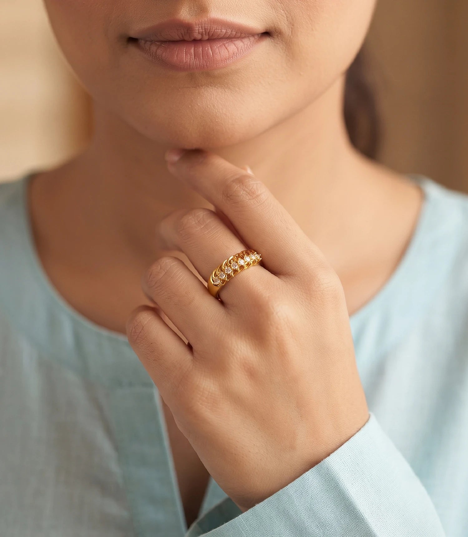 Gold Plated Leaflet Cutout Stone-Studded Finger Ring