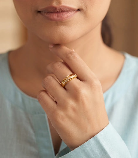 Gold Plated Leaflet Cutout Stone-Studded Finger Ring