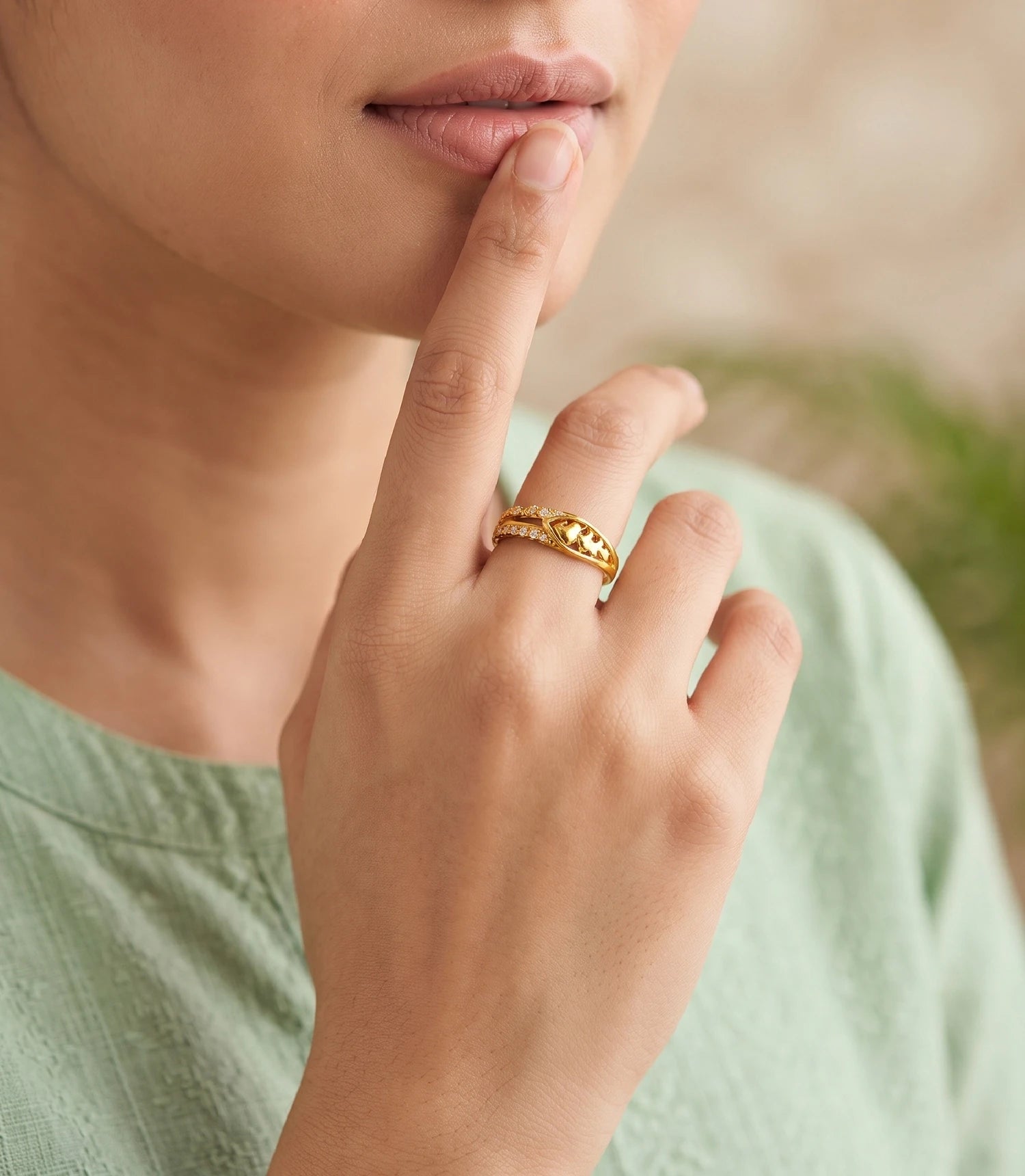 Gold Plated Dual-Row Heart Motif Finger Ring
